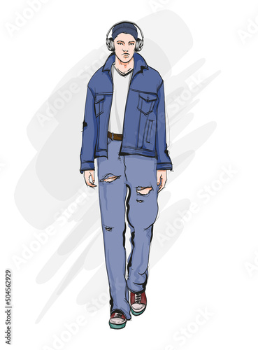 Fashion man. Sketch of a fashion man in a jacket on a white background. Autumn man. Street style