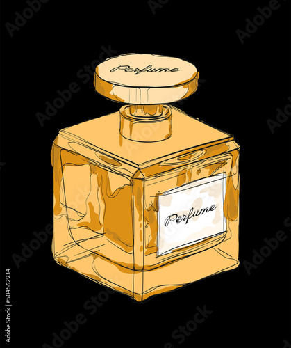 Haute Couture art card. Perfume bottle in vector. Fashion women glamor print. Fashion, style, beauty. Flavor liquid. cosmetic fragrance