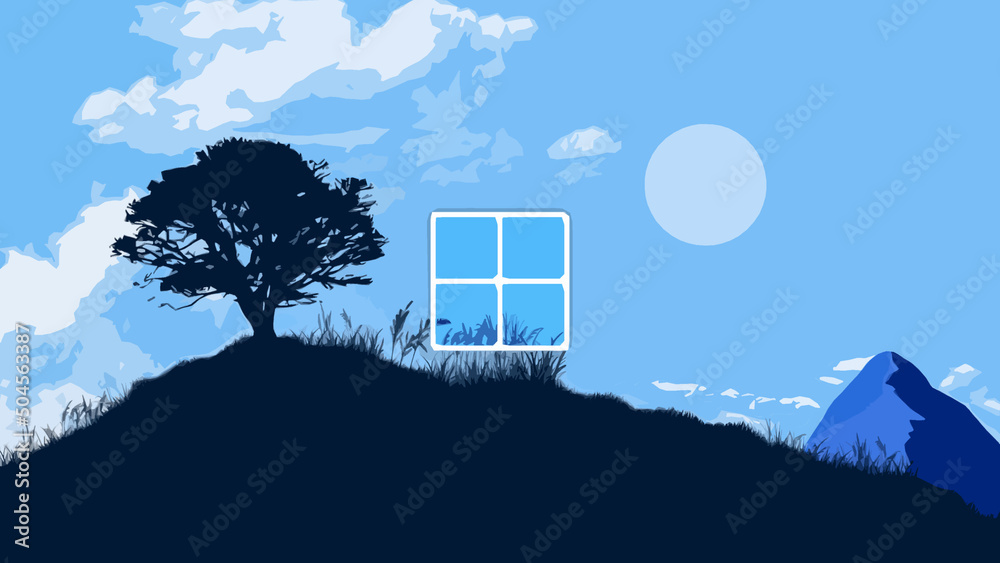 Windows 11 wallpaper 4k with the sky, mountain and trees. Stock