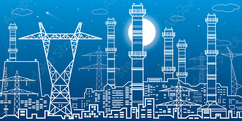 Power plant, energy industry outlines illustration panorama, urban night scene. Pipes and power lines. Factory infrastructure. Vector design art