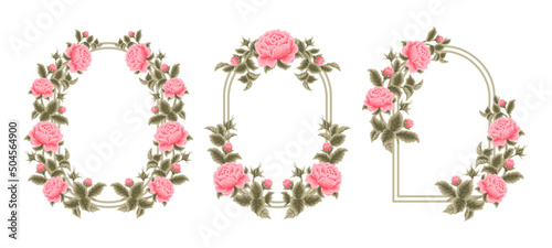 Beautiful and vintage hand drawn pink rose flower and green leaf frame arrangement template set for wedding invitation or greeting card
