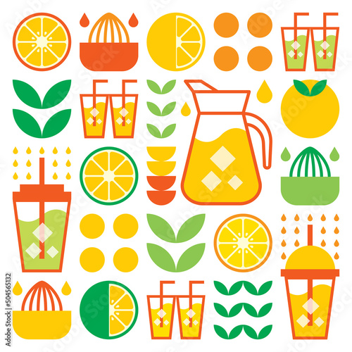 Simple flat illustration of abstract shapes of citrus fruits, lemons, lemonade, limes, leaves and other geometric symbols. Fresh orange juice ice drink icon with glass, jug, straw and plastic cup.