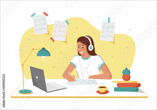 Online education. Girl study online at computer. Vector illustration for landing page and web templates.