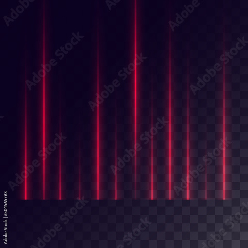 Bright red neon glowing lines and beams isolated on a transparent background.