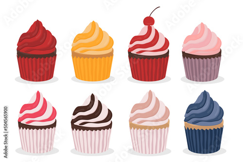 set of cupcakes of different colors and flavors vector illustration holiday sweets