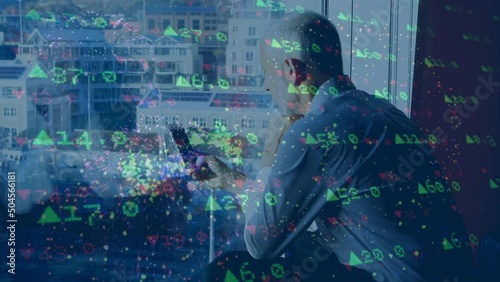 Animation of data processing over caucasian businessman using smartphone photo