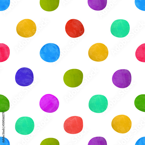 Seamless pattern with hand drawn colorful watercolor spots on a white background.