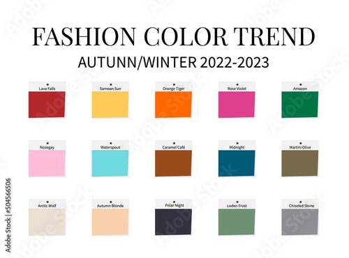 Fashion Color Trend Autumn - Winter 2022 - 2023. Trendy colors palette guide. Fabric swatches with color names. Vector template for your creative designs