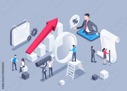 isometric vector illustration on a gray background, people with a magnifying glass analyze data on a chart with an arrow and work with financial documentation