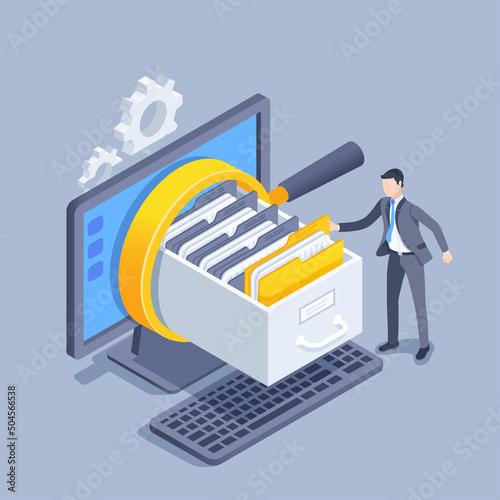 isometric vector illustration on a gray background, a man in a business suit takes a folder from the shelf of the archive, a magnifier on the computer screen, search in the data archive