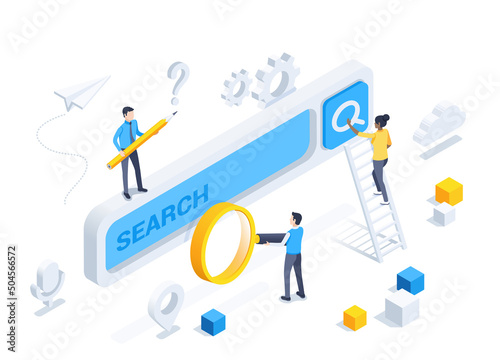 isometric vector illustration on a gray background, people near a large search form with a magnifying glass and a pencil, a woman on a stepladder presses a button, search engine