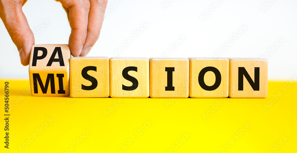 Do your mission with passion. Businessman turns wooden cubes, changes the concept word Mission to Passion. Beautiful white background. Business motivational passion and mission concept. Copy space. - obrazy, fototapety, plakaty 