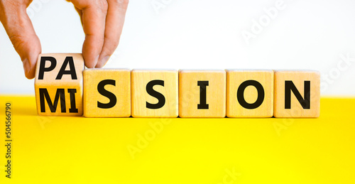 Do your mission with passion. Businessman turns wooden cubes, changes the concept word Mission to Passion. Beautiful white background. Business motivational passion and mission concept. Copy space. photo