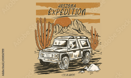 Desert road trip vector graphic print design for apparel, stickers, posters, background and others. Arizona desert t-shirt design. Western desert vintage artwork. Africa, Sahara, or Arizona nature. 