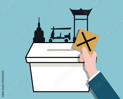 Bangkok governor election 2022 concept. There are Ballot paper for election vote with voting box and famous place in Bangkok.