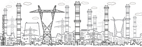 Power plant, energy industry black outlines illustration panorama, urban scene. Pipes and power lines. Factory infrastructure. Vector design art