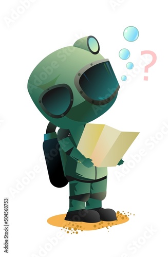 Diver in retro scuba gear looking for way. Guy in underwater suit bottom of pond. Funny cartoon style. Extreme sports. Person in lake or sea. Air bubble. Boy swim Isolated on white background Vector