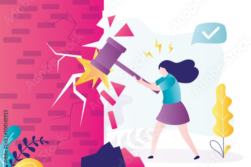 Tensioned girl with hammer breaks brick wall. Businesswoman overcomes financial obstacles