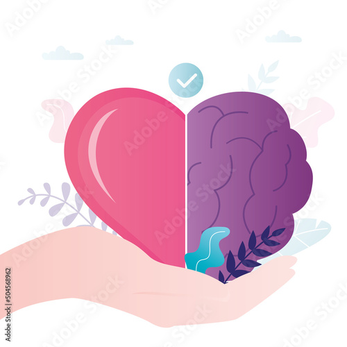 Hand neatly holds half of heart and mind. Balance of feelings and rational thinking. Harmony in work of brain and heart. Successful connection of intellect, emotional factor.