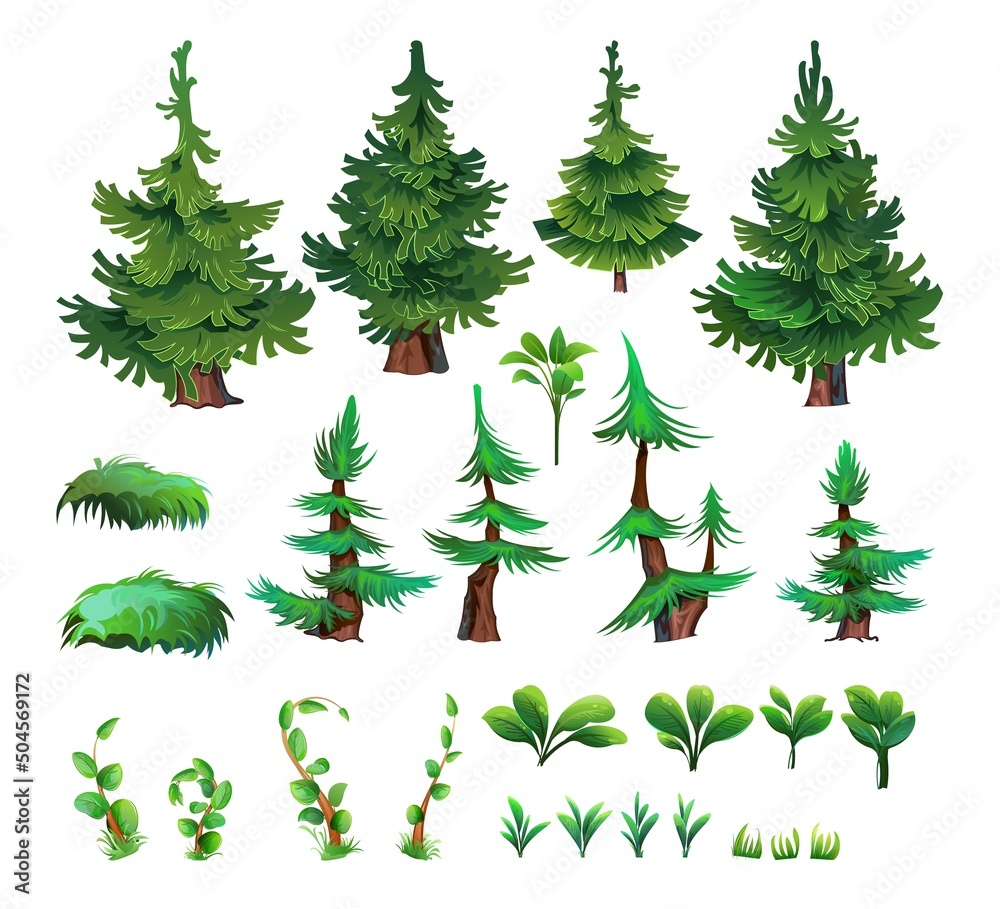 Set of Pine forest. Coniferous spruce trees. Landscape cartoon style. Isolated on white background. Vector