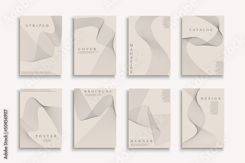 Collection of stylish monochrome covers, templates, backgrounds, placards, brochures, banners, flyers, magazines. Striped beige posters, cards etc. Creative minimalistic design - abstract wavy lines