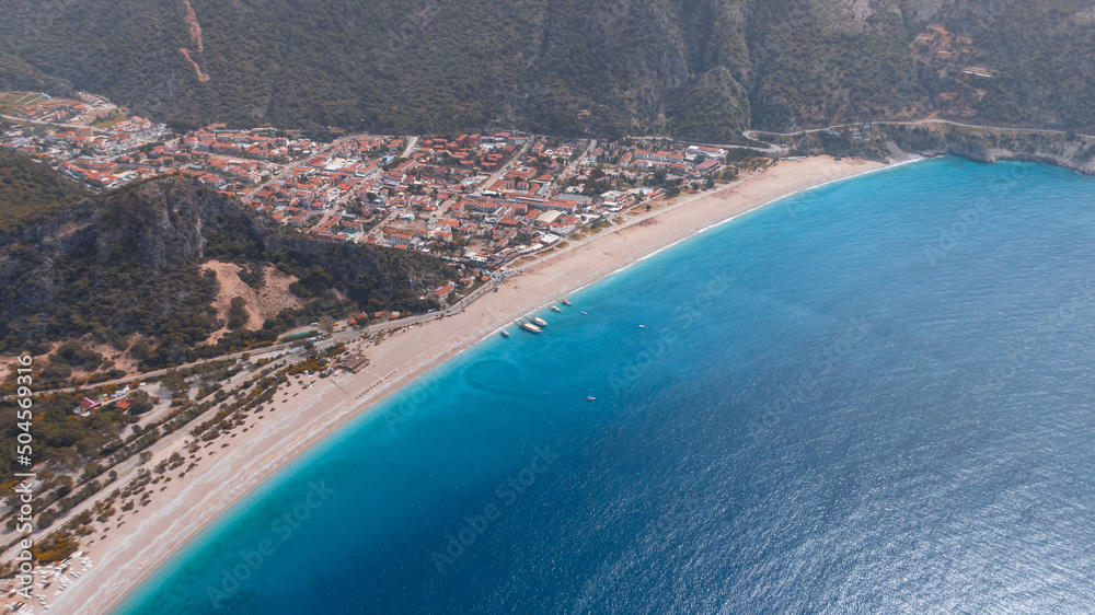 Drone view of Oludeniz - famous turkish resort with azure water