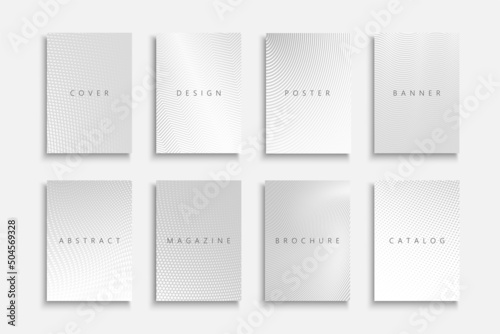 Collection of white and gray halftone covers, templates, backgrounds, placards, brochures, banners, flyers and etc. Abstract striped and dotted posters, cards, presentation. Minimalistic design