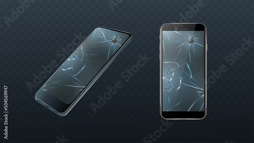 3d realistic vector icon set.two views side and front view of broken phone. Repair service appliences.