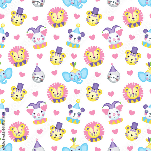 Cartoon vector seamless pattern with a clown and animals on a white background. Kids' holiday, party, birthday. Circus theme.