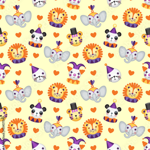 Cartoon vector seamless pattern with a clown and animals on a white background. Kids' holiday, party, birthday. Circus theme.