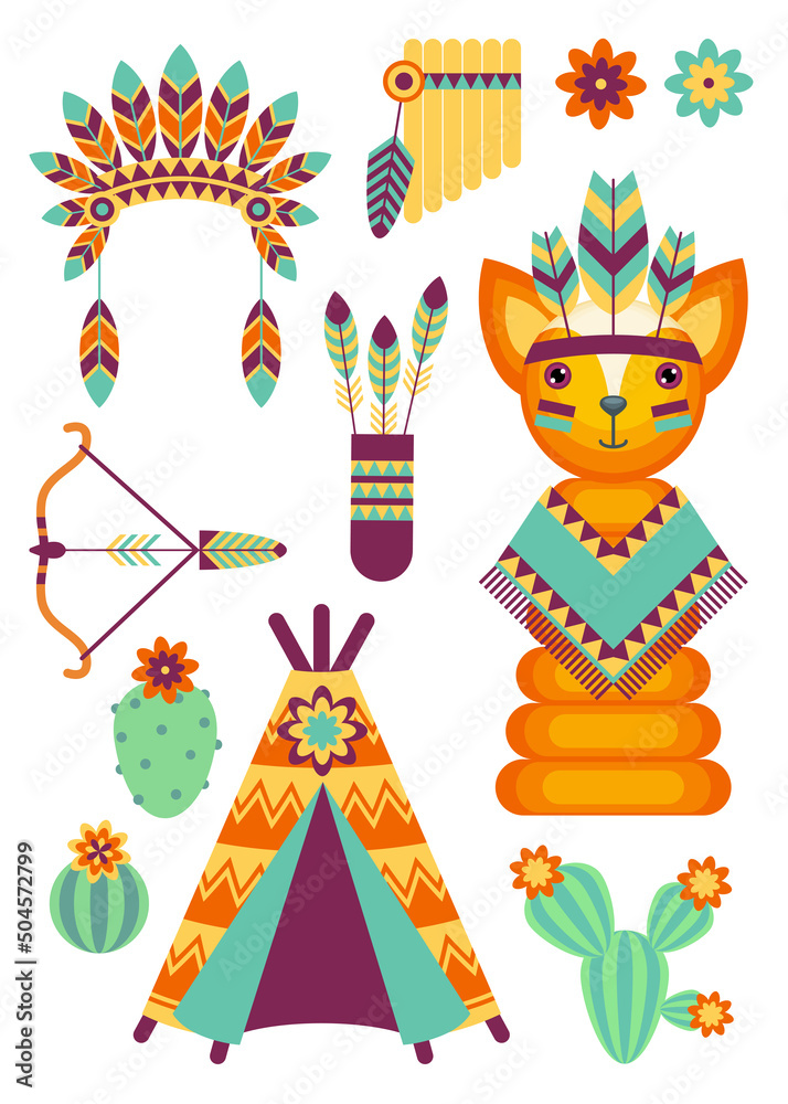 Naklejka premium Заголовок: Set of vector cartoon icons with toys in the theme of the American Indians on a white bakground. Children's holiday, kids' party, stickers, games.