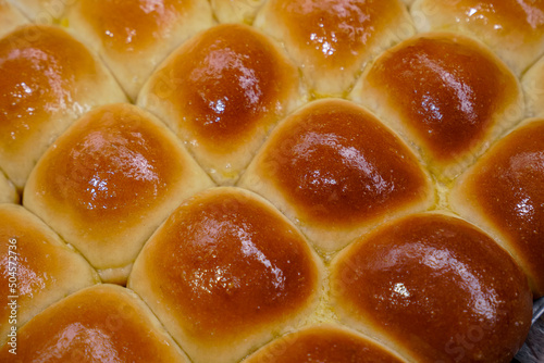 Chigiri milk bread or bubbles bread, pull apart Hokkaido soft milk bread. Soft and fluffy Japanese bread with bubbles shape photo