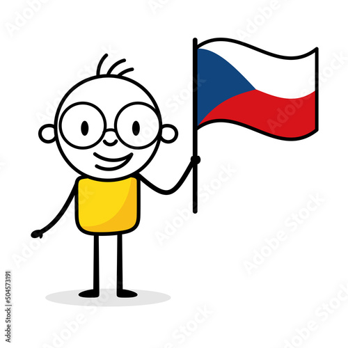 Man holding flag of Czech Republic isolated on white background. Hand drawn doodle line art man. Concept of country. Vector stock illustration