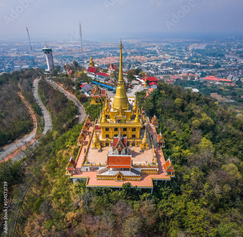 Aerial view of Wat Khiriwong temple on top of the mountain in Nakhon Sawan, Thailand photo