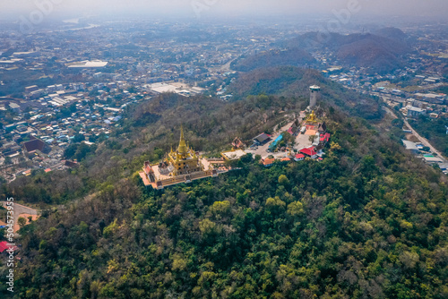 Aerial view of Wat Khiriwong temple on top of the mountain in Nakhon Sawan, Thailand photo