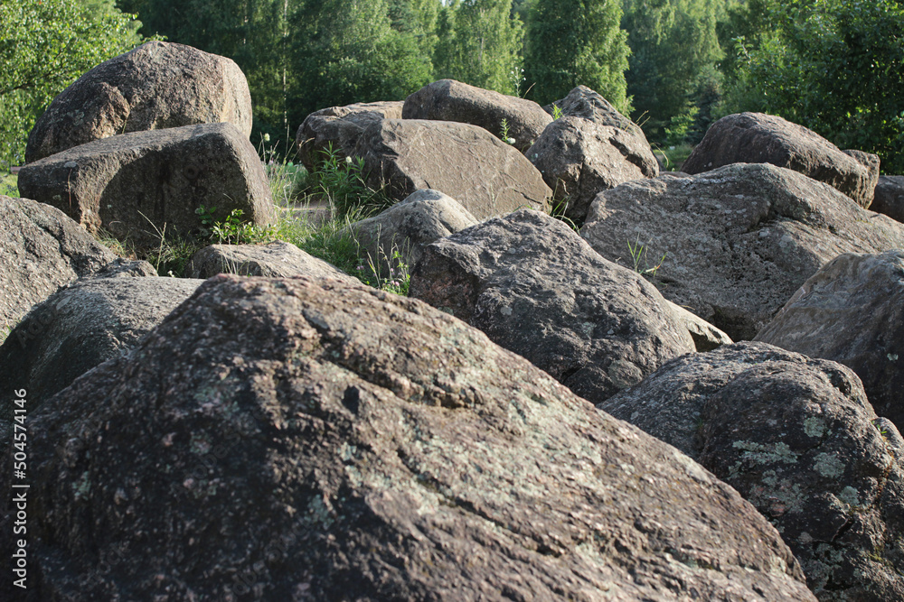 Composition of large stones. Cobblestones in the city park Composition of large stones. Cobblestones in the city park