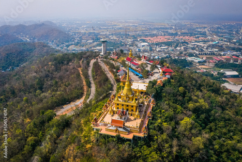 Aerial view of Wat Khiriwong temple on top of the mountain in Nakhon Sawan, Thailand photo