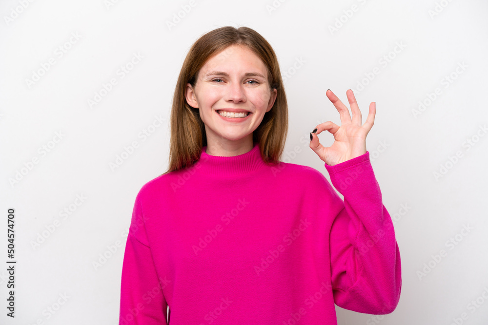 Young English woman isolated on white background showing ok sign with fingers Young English woman isolated on white background showing ok sign with fingers