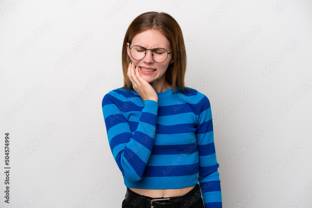 Young English woman isolated on white background with toothache Young English woman isolated on white background with toothache