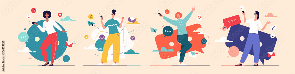 Laughing cheerful young women with smartphone. Vector illustration Laughing cheerful young women with smartphone. Vector illustration