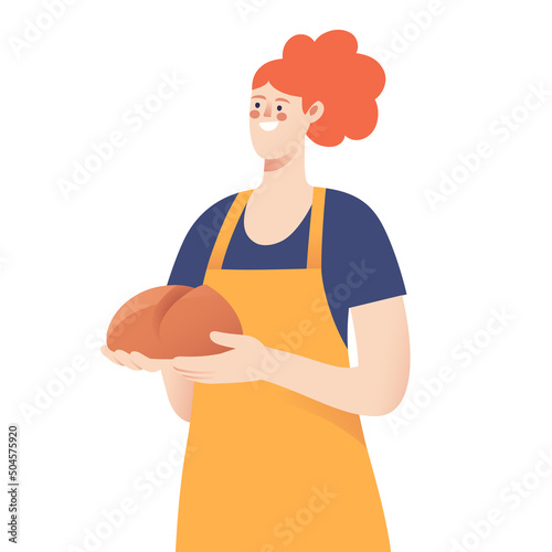 Portrait of a female baker holding bread. Vector illustration