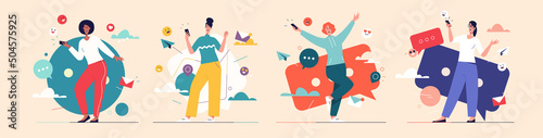 Laughing cheerful young women with smartphone. Vector illustration