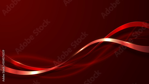 Abstract elegant 3D luxury red color ribbon wave line decoration and glitter lighting on gradient red background
