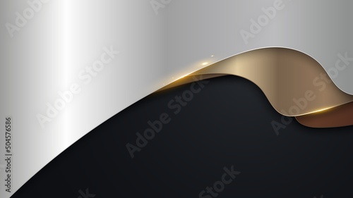 Abstract luxury silver, golden, copper metallic wave overlapping layer on black background paper cut style