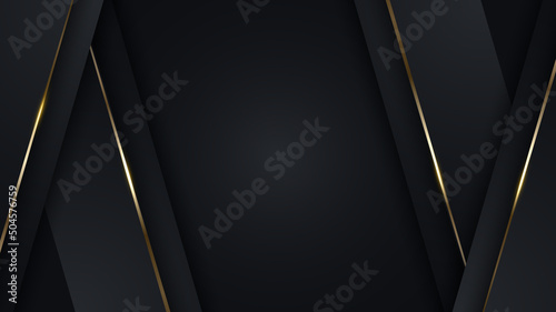 3D modern luxury banner template design black diagonal stripes with golden lines light sparking on dark background photo