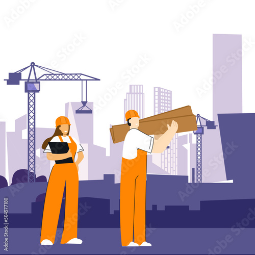 builders work engineer on construction in orange uniform man and woman