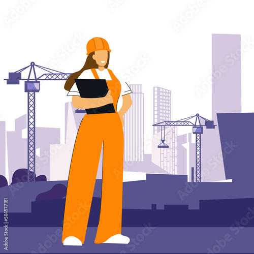 builders work engineer on construction in orange uniform woman