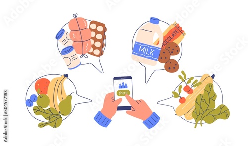 Sharing food online with mobile app. Hands with phone making donation, giving, donating extra meal, grocery product excess, helping hungry people. Flat vector illustration isolated on white background