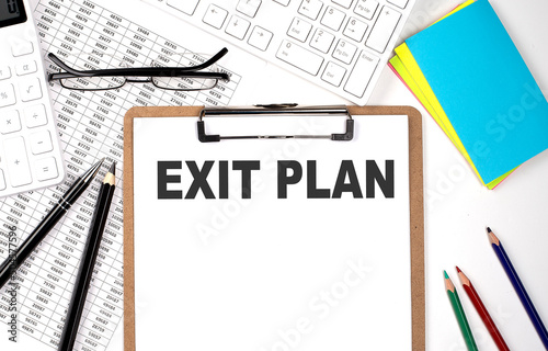 Konstfotografi Clipboard with text EXIT PLAN keyboard and chart on white background