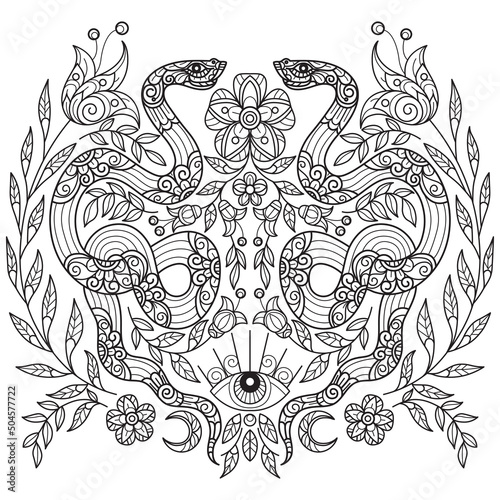 Snake and flowers hand drawn for adult coloring book